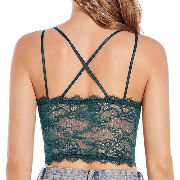 whimsigoth goblincore fairycore grunge cami emerald green lace bows M bralette - Picture 2 of 4